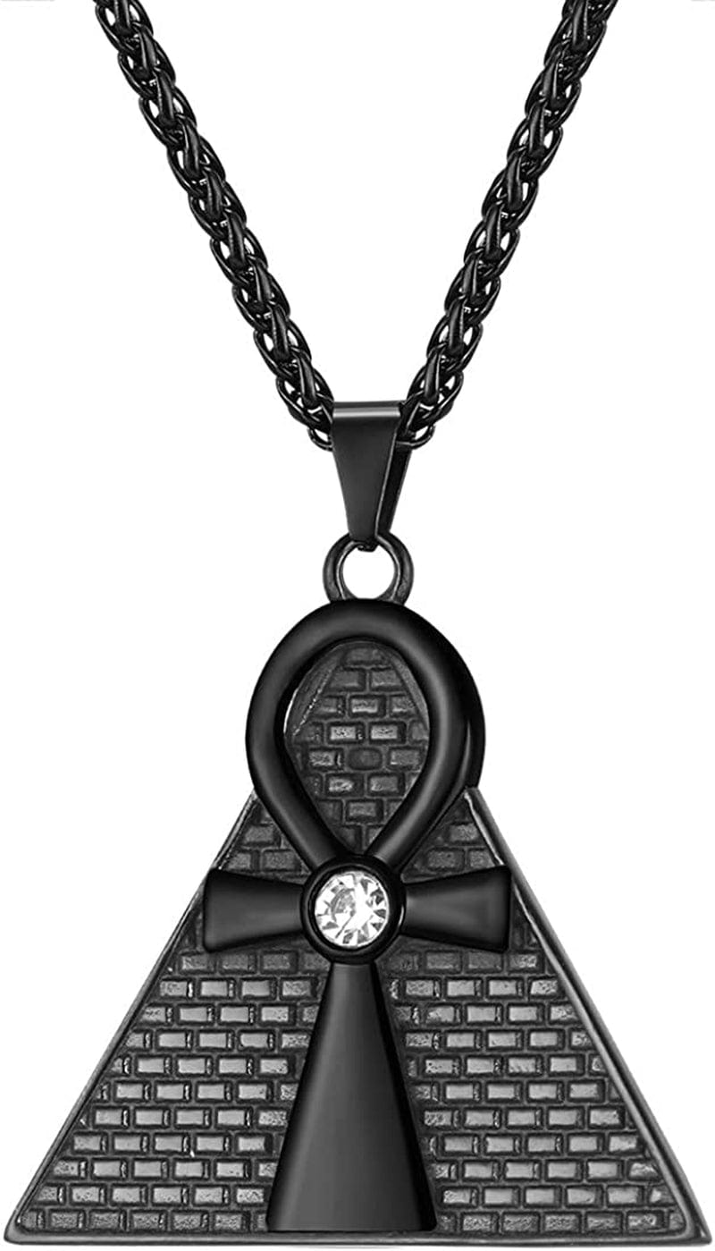 U7 Ancient Egypt Africa Jewelry Platinum 18K Gold Plated Ankh Cross Pendant, Africa Map Necklace, Pharaoh Pendants with Chain Pyramid Ankh-Black