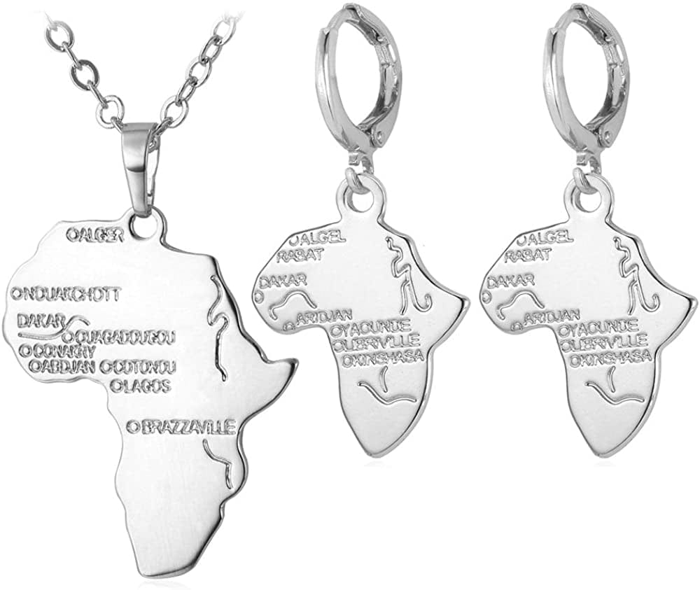 U7 Ancient Egypt Africa Jewelry Platinum 18K Gold Plated Ankh Cross Pendant, Africa Map Necklace, Pharaoh Pendants with Chain Map Necklacec+Earrings-Platinum