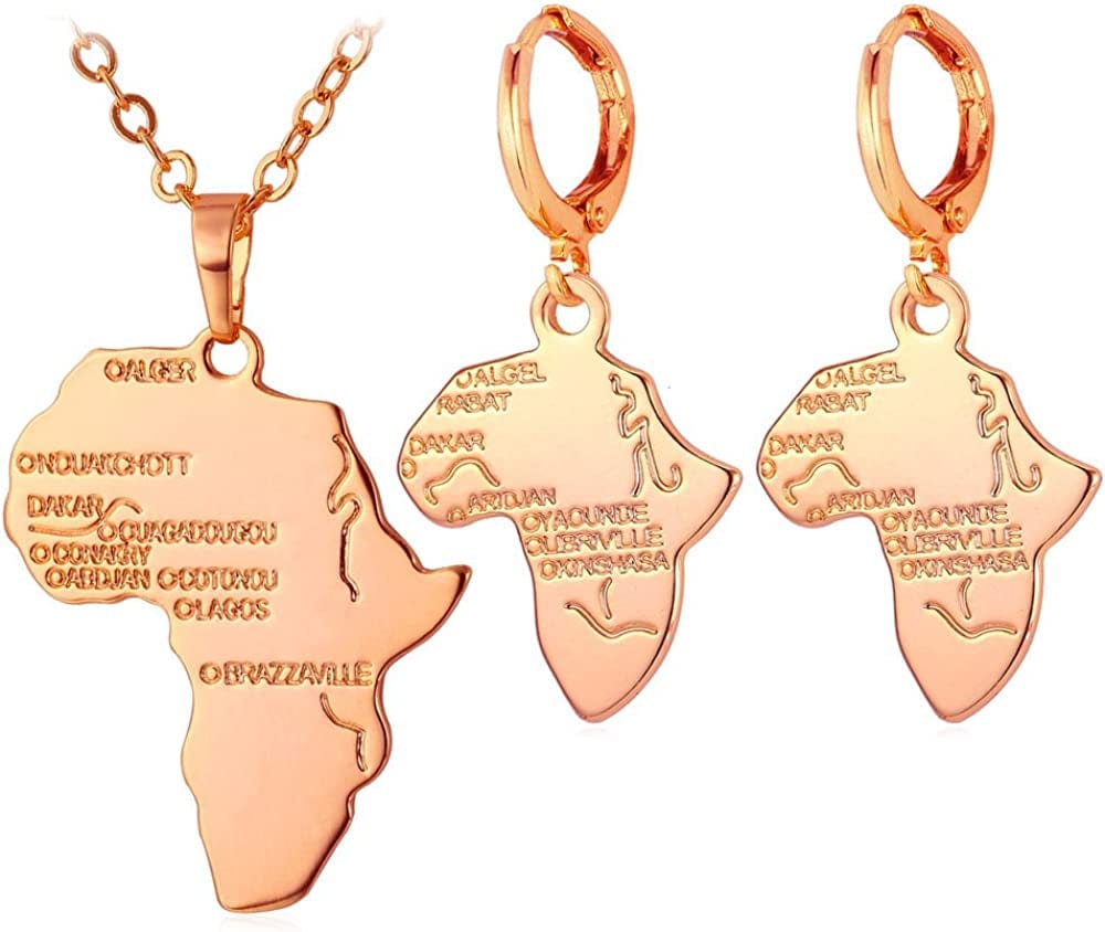 U7 Ancient Egypt Africa Jewelry Platinum 18K Gold Plated Ankh Cross Pendant, Africa Map Necklace, Pharaoh Pendants with Chain Map Necklacec+Earrings-Rose Gold