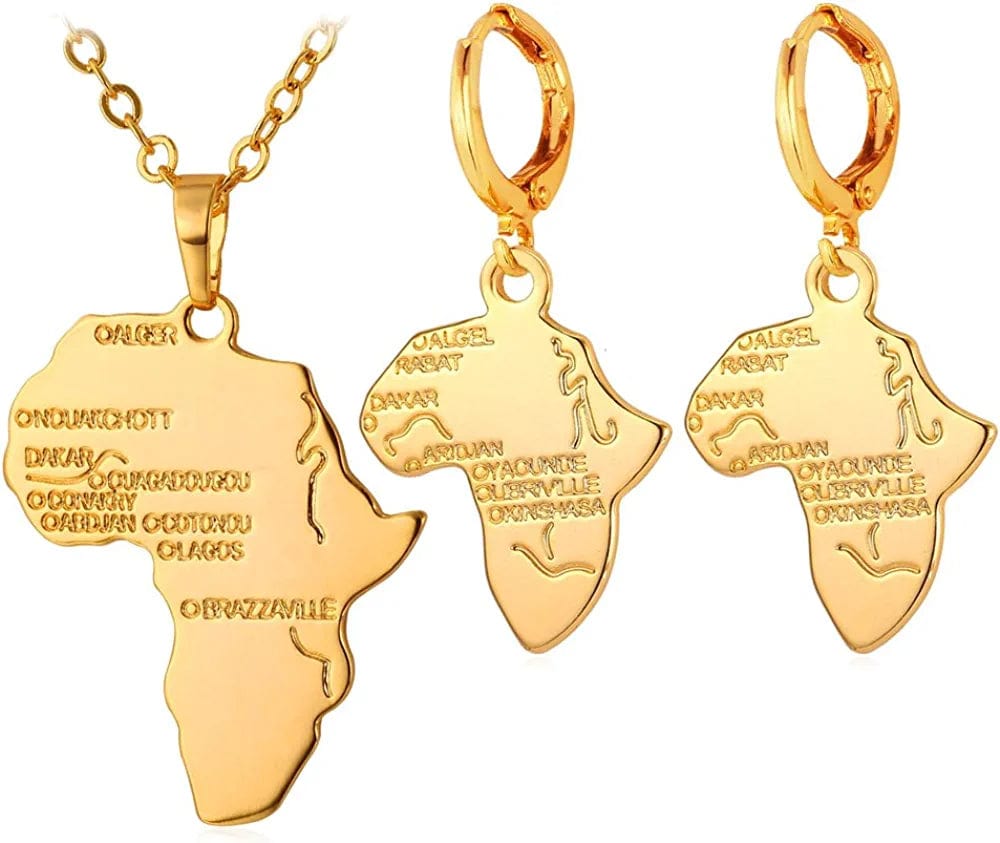 U7 Ancient Egypt Africa Jewelry Platinum 18K Gold Plated Ankh Cross Pendant, Africa Map Necklace, Pharaoh Pendants with Chain Map Necklacec+Earrings-Gold
