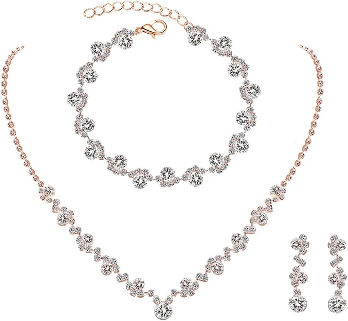 UDORA Crystal Rhinestone Necklace Earrings Bracelet Jewelry Set Wedding Prom Rose Gold
