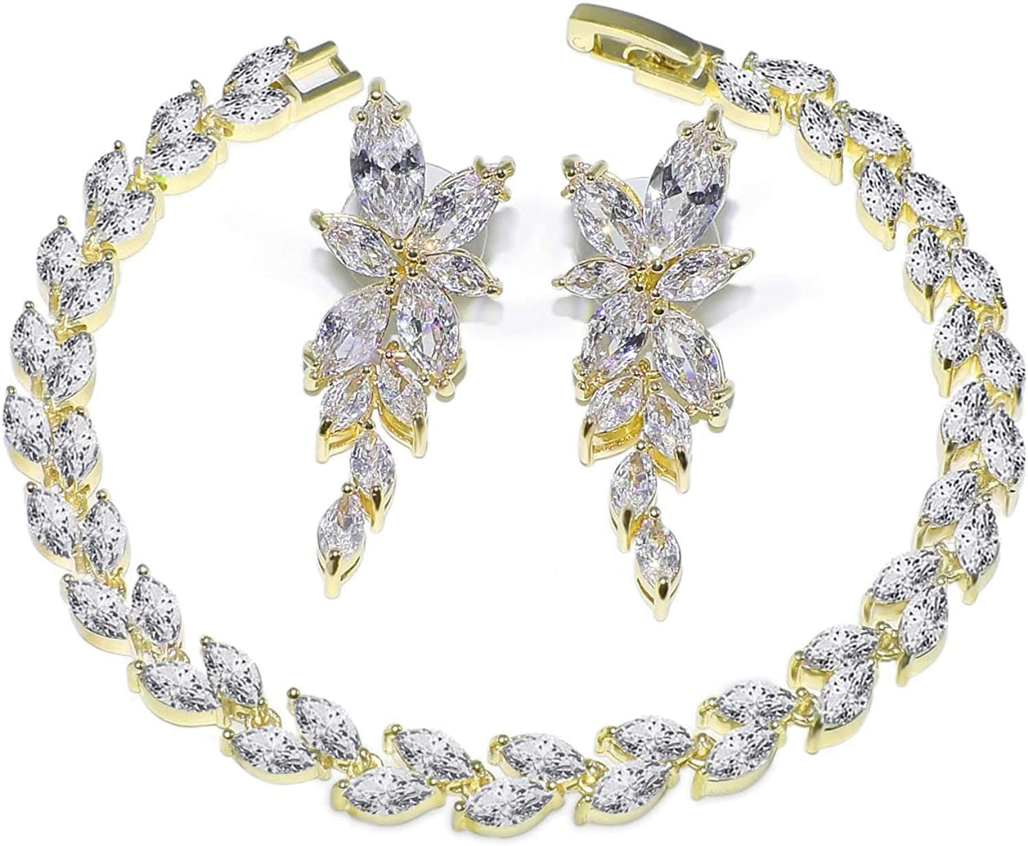 UDYLGOON Women Bridal Bridesmaid Jewelry Set for Bride Wedding Zirconia Crystal Earrings Bracelet Set 18K Gold