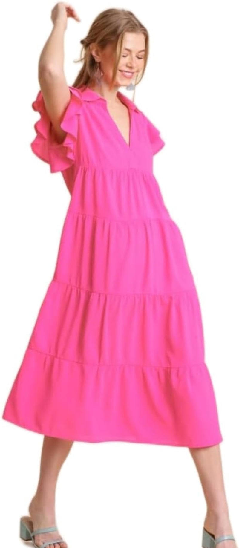 Umgee Collar Split Neck Short Ruffle Sleeves Tiered Midi Dress with No Lining Hot Pink / Large