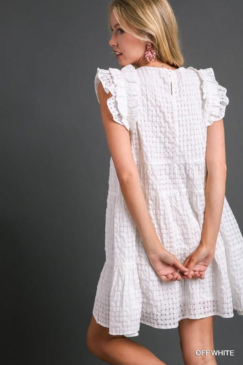 Umgee Seersucker V-Neck Tiered Dress with Flutter Sleeve