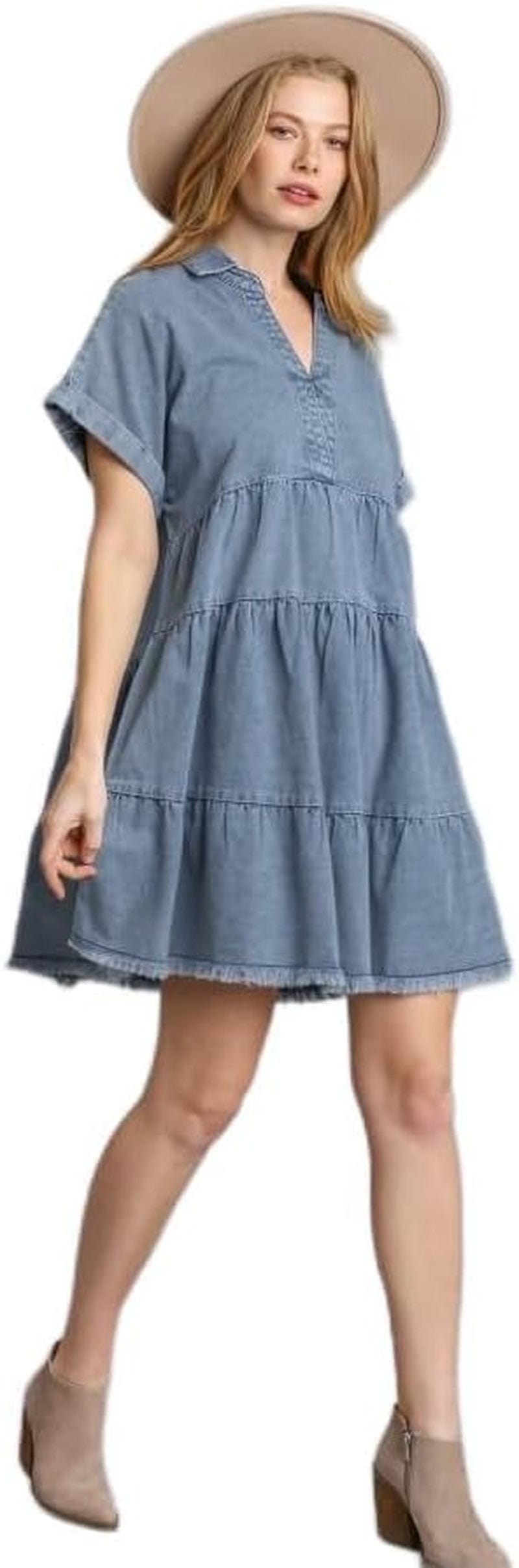 Umgee Short Folded Sleeve V-Neck Collared Ruffle Tiered Denim Dress with Frayed Hem Denim / Medium