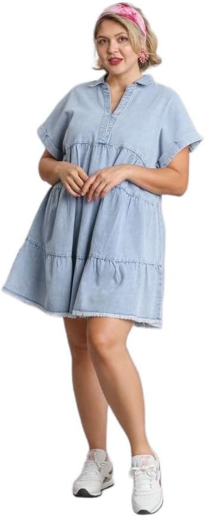 Umgee Short Folded Sleeve V-Neck Collared Ruffle Tiered Denim Dress with Frayed Hem Lt. Denim / X-Large