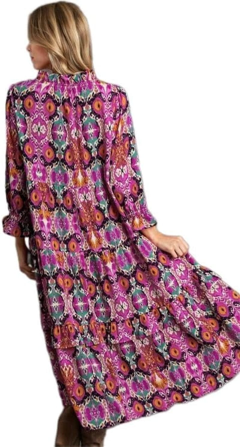 Umgee USA Ruffle V-Neck Tassel Drawstring Print Midi Dress with 3/4 Sleeves