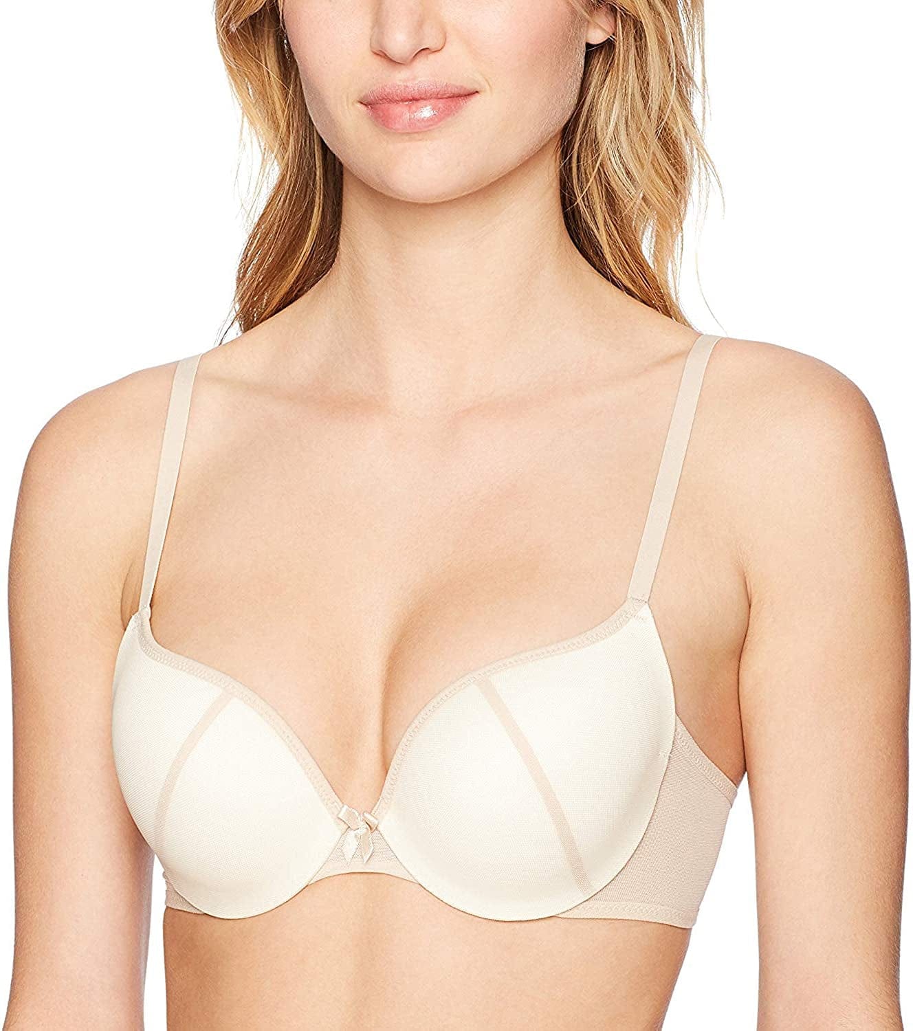 Underwire Demi Bra, Best Push-Up Bra with Wonderbra Technology, Smoothing Lace-Trim Bra with Push-Up Cups Paris Nude W/Ivory / 36D