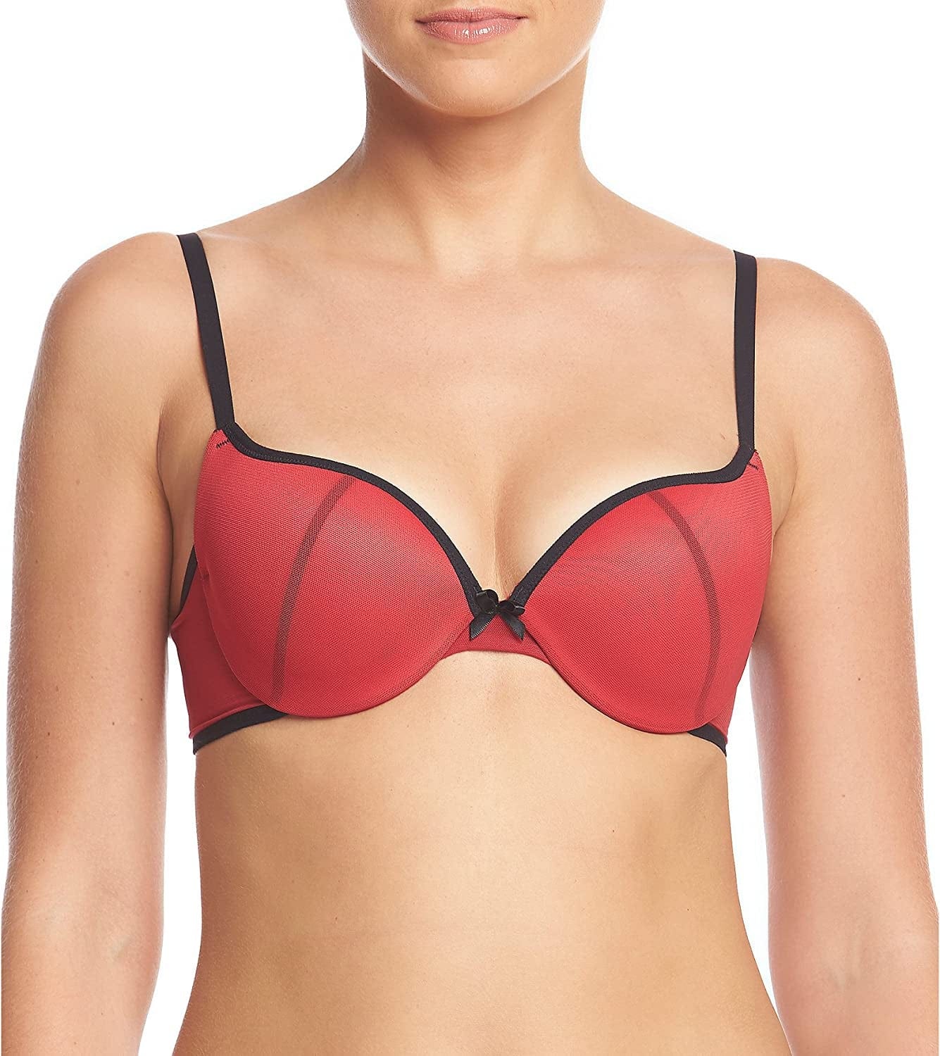 Underwire Demi Bra, Best Push-Up Bra with Wonderbra Technology, Smoothing Lace-Trim Bra with Push-Up Cups Red Masquerade/Black Mesh / 34C