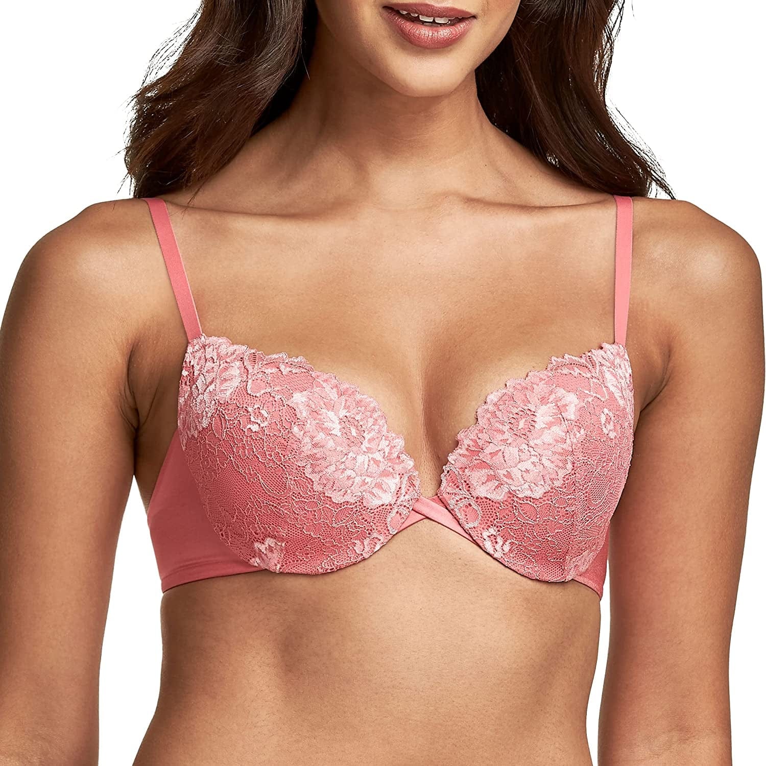 Underwire Demi Bra, Best Push-Up Bra with Wonderbra Technology, Smoothing Lace-Trim Bra with Push-Up Cups Pink Begonia W/ Gentle Peach / 38C