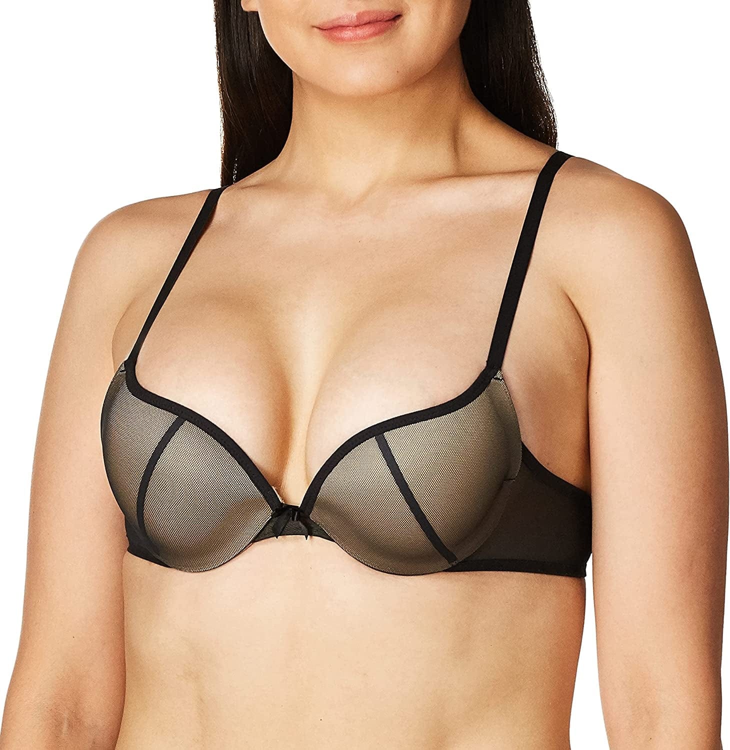 Underwire Demi Bra, Best Push-Up Bra with Wonderbra Technology, Smoothing Lace-Trim Bra with Push-Up Cups Black/Body Beige Mesh / 34C