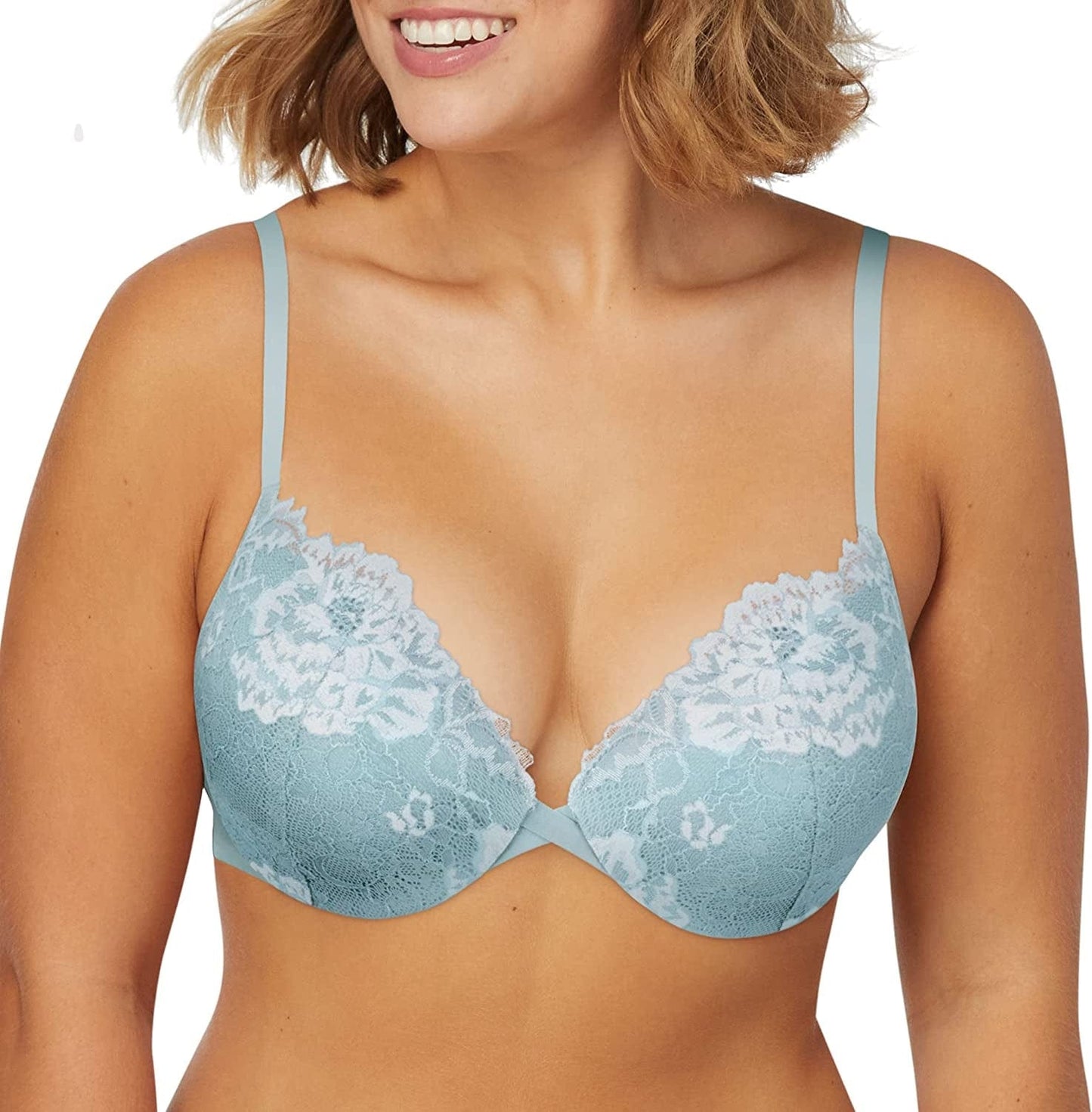 Underwire Demi Bra, Best Push-Up Bra with Wonderbra Technology, Smoothing Lace-Trim Bra with Push-Up Cups Blue Whimsy/White / 38D