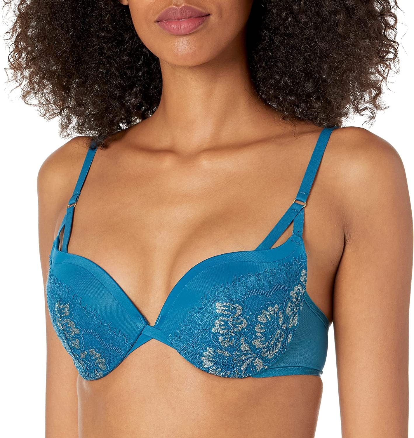 Underwire Demi Bra, Best Push-Up Bra with Wonderbra Technology, Smoothing Lace-Trim Bra with Push-Up Cups Petro Teal W/ Gold / 36D