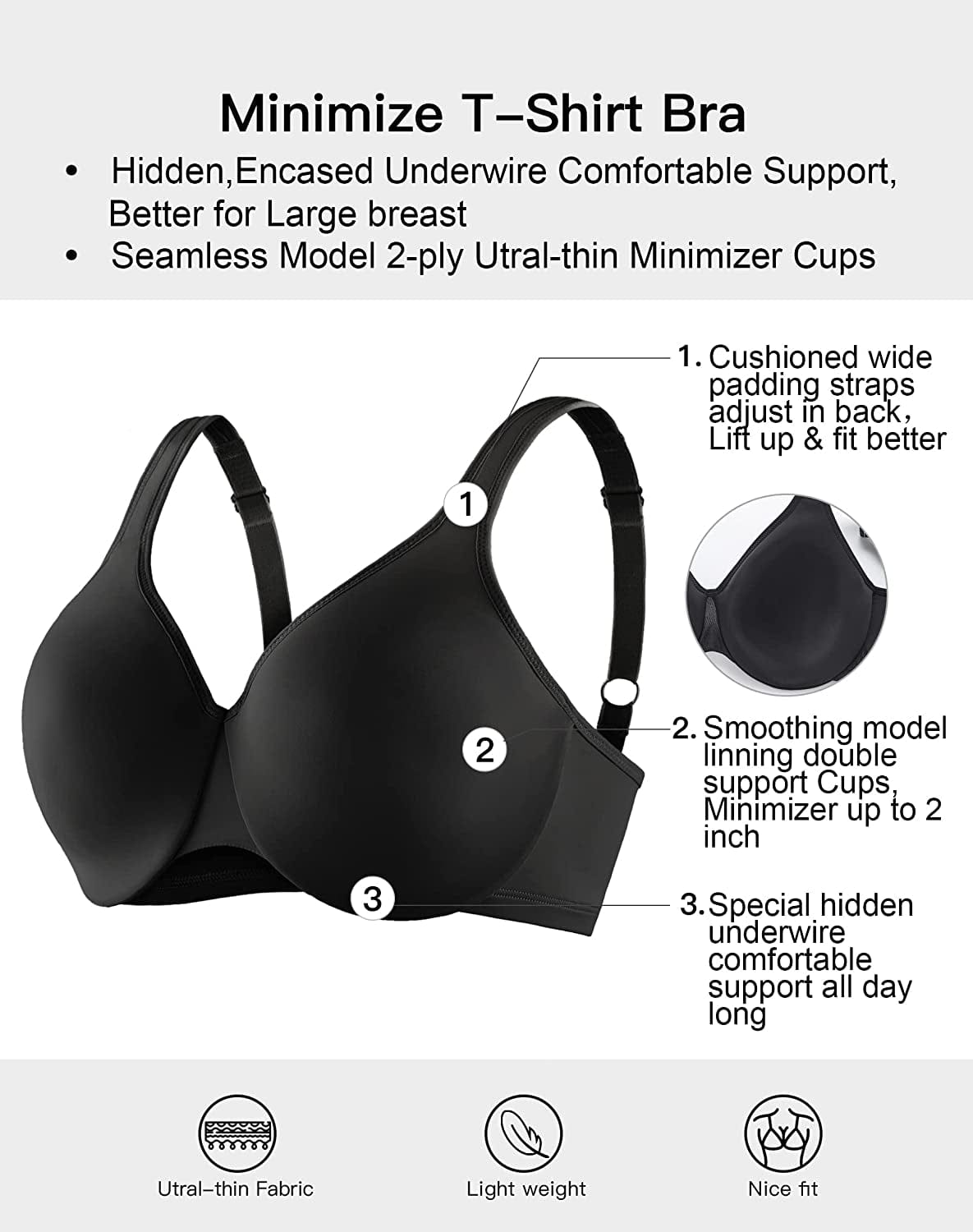 Underwire Women'S Minimizer Bra plus Size Smooth Full Coverage Seamless Non Padded Bras