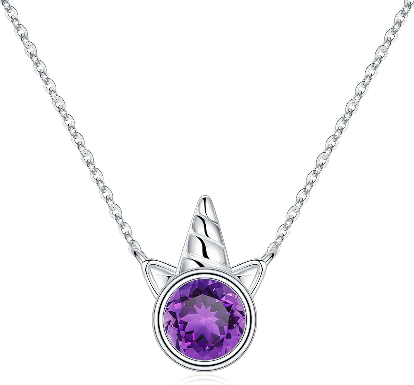 Unicorns Gifts for Girls, S925 Sterling Silver Unicorn Necklace for Girls Unicorn Gifts Dainty Unicorn Birthstone Pendant Necklace Unicorn Jewelry for Teen Girls Unicorns Gifts for Girls Silver / 02 Feb - Amethyst