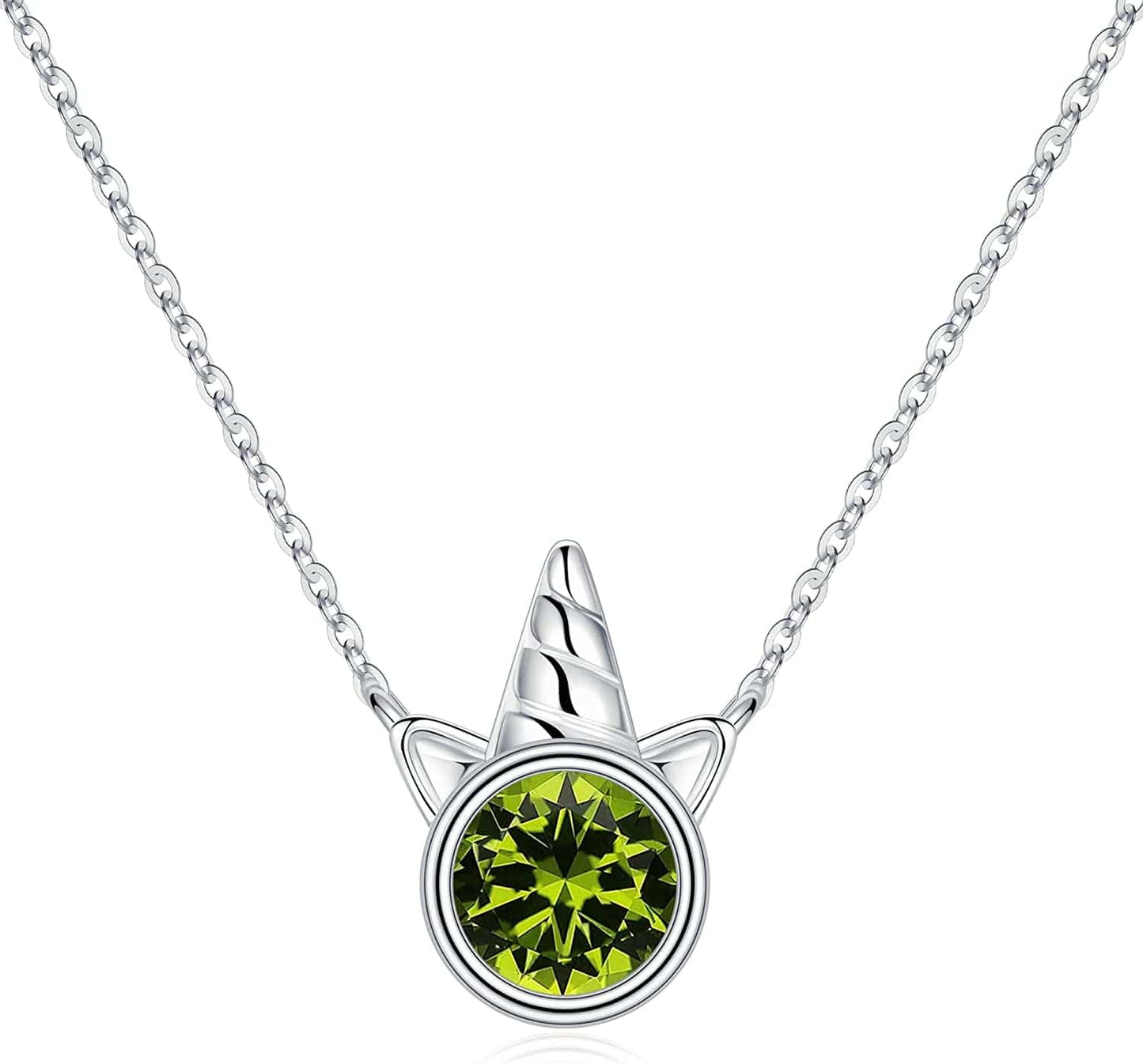 Unicorns Gifts for Girls, S925 Sterling Silver Unicorn Necklace for Girls Unicorn Gifts Dainty Unicorn Birthstone Pendant Necklace Unicorn Jewelry for Teen Girls Unicorns Gifts for Girls Silver / 08 Aug - Peridot