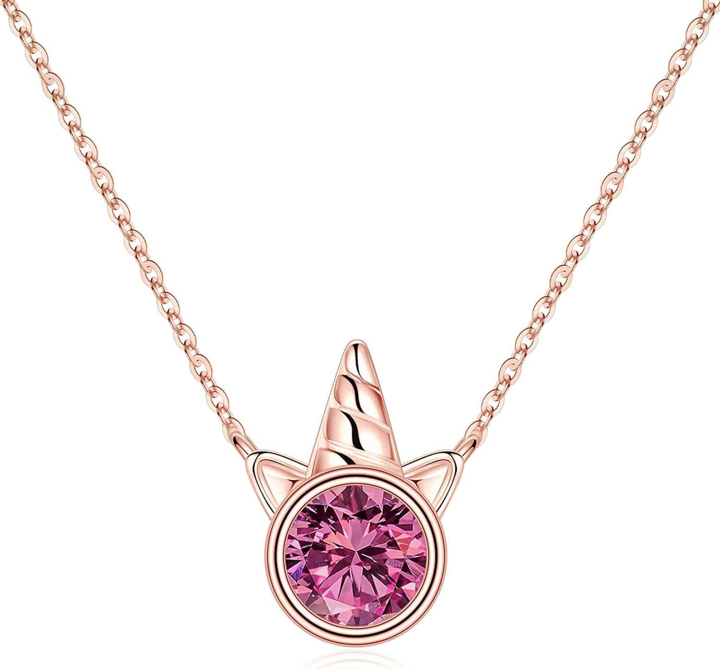 Unicorns Gifts for Girls, S925 Sterling Silver Unicorn Necklace for Girls Unicorn Gifts Dainty Unicorn Birthstone Pendant Necklace Unicorn Jewelry for Teen Girls Unicorns Gifts for Girls Rose Gold / 10 Oct - Pink Sapphire