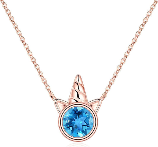 Unicorns Gifts for Girls, S925 Sterling Silver Unicorn Necklace for Girls Unicorn Gifts Dainty Unicorn Birthstone Pendant Necklace Unicorn Jewelry for Teen Girls Unicorns Gifts for Girls Rose Gold / 11 Nov - Blue Topaz