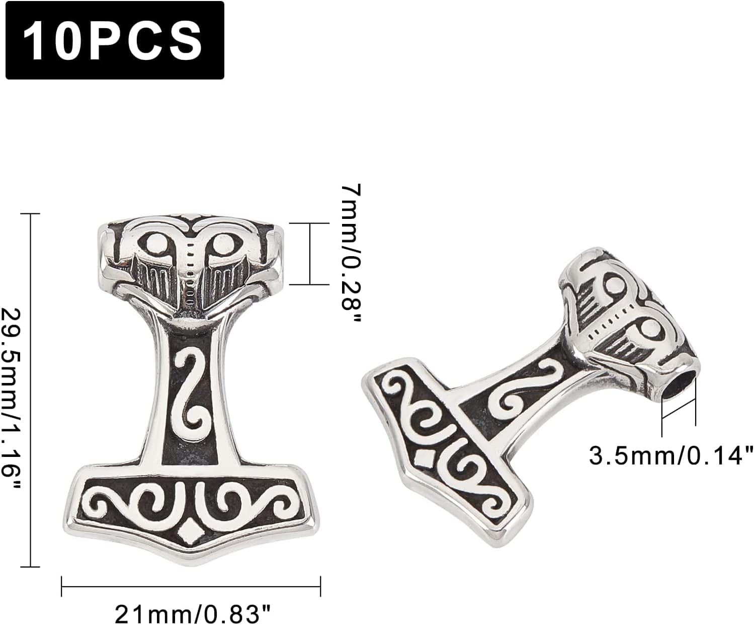 UNICRAFTALE 10Pcs 3.5Mm Stainless Steel Pendants Viking Thor'S Hammer Celtic Knot Charms Antique Silver Pendant for Bracelets Necklace Jewelry Making Crafting Supplies