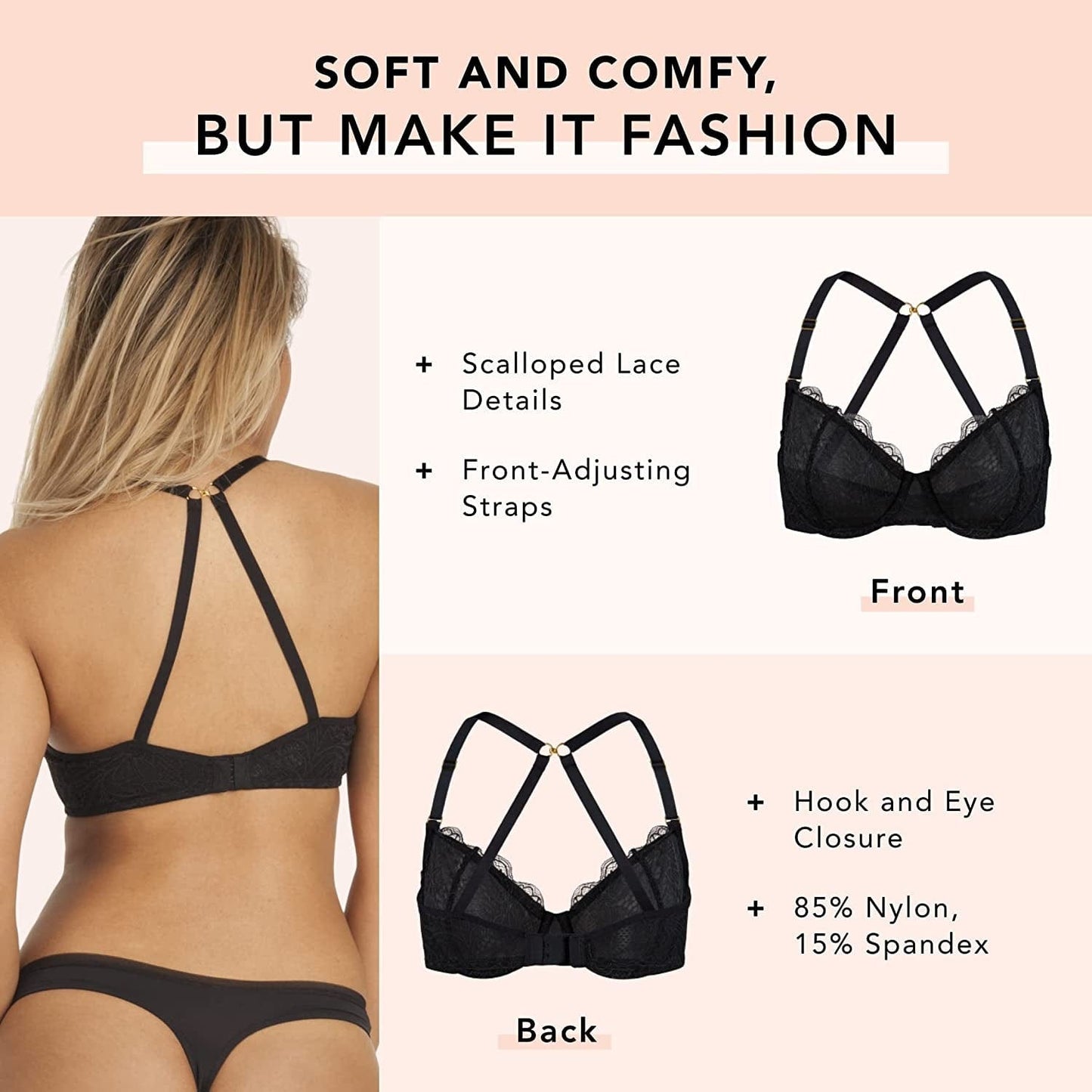 Unlined Lace Bra - Convertible Racerback Bra with Unlined Lace, Sexy Bra for Women, Everyday Bras for Women