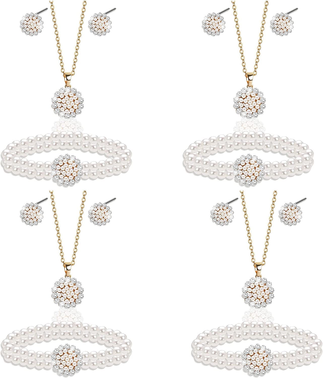 Uqvn Silver Gold Bridesmaid Jewelry Set for Wedding of 4 6 8 Set, Pearl Necklace Earrings Bracelet Gifts Set for Bridesmaid on Wedding Day Bachelorette Party 4 Set Gold