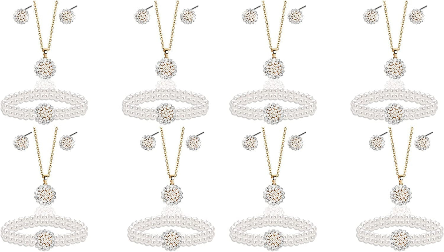 Uqvn Silver Gold Bridesmaid Jewelry Set for Wedding of 4 6 8 Set, Pearl Necklace Earrings Bracelet Gifts Set for Bridesmaid on Wedding Day Bachelorette Party 8 Set Gold