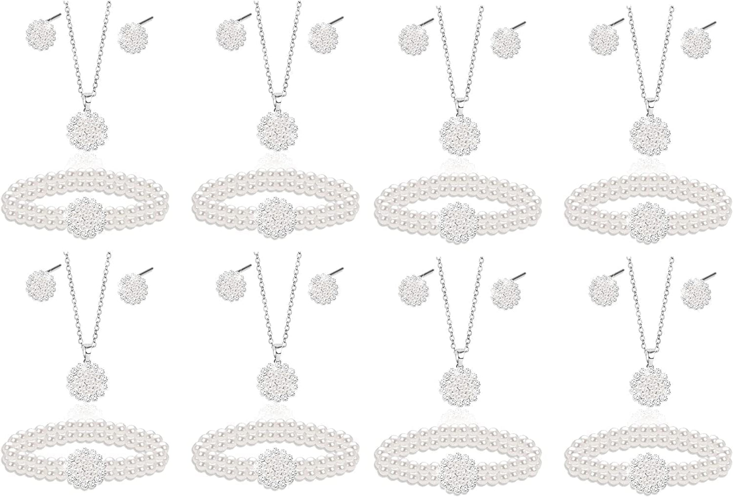 Uqvn Silver Gold Bridesmaid Jewelry Set for Wedding of 4 6 8 Set, Pearl Necklace Earrings Bracelet Gifts Set for Bridesmaid on Wedding Day Bachelorette Party 8 Set Silver