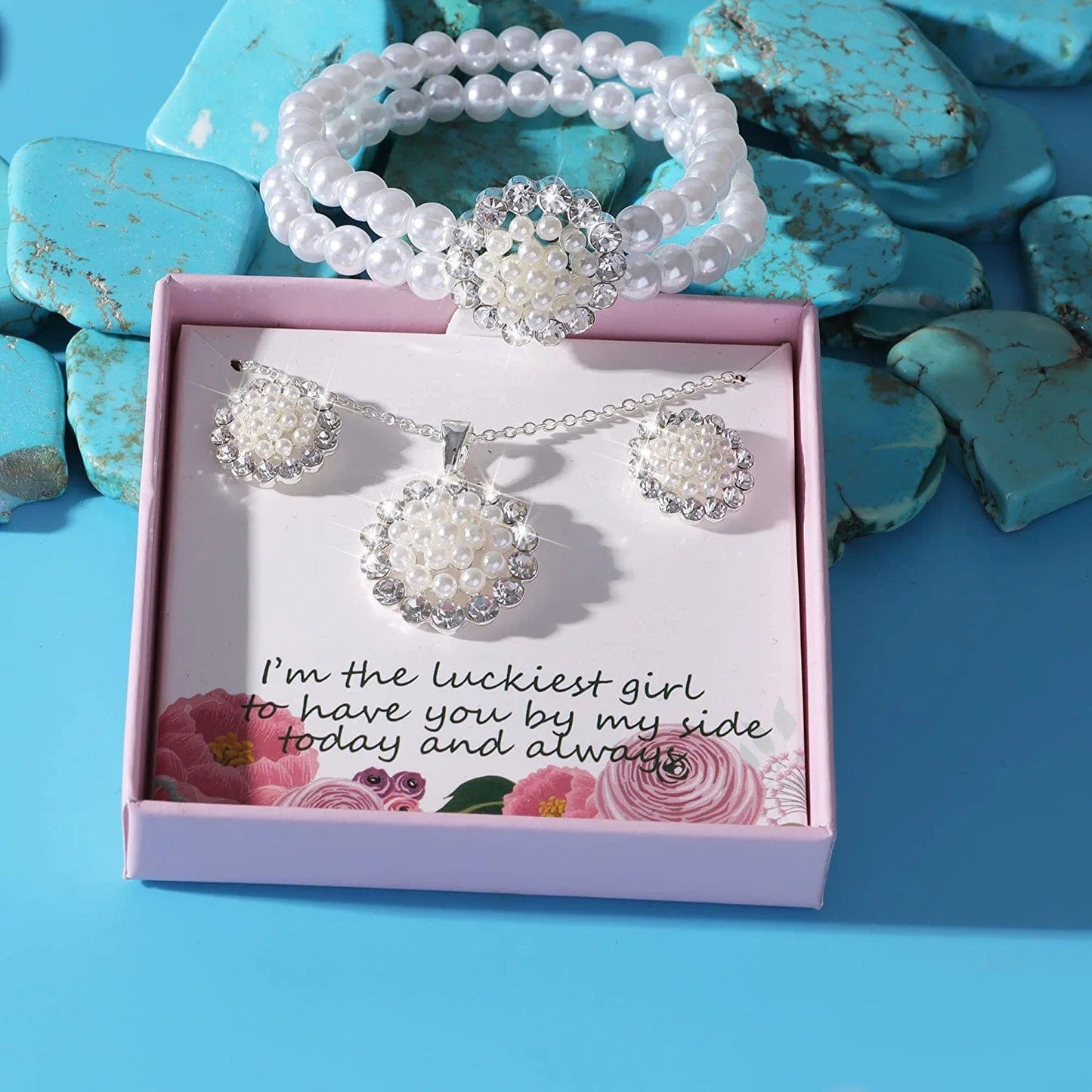 Uqvn Silver Gold Bridesmaid Jewelry Set for Wedding of 4 6 8 Set, Pearl Necklace Earrings Bracelet Gifts Set for Bridesmaid on Wedding Day Bachelorette Party