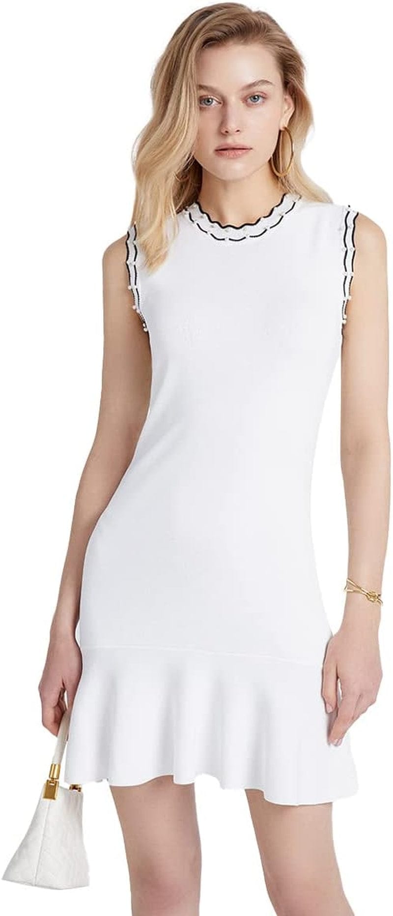 URBAN REVIVO Women'S Short Sleeve Tweed Knitted Sweater Dress Pearl Button Mini Dresses for Spring Summer Fall White / Large