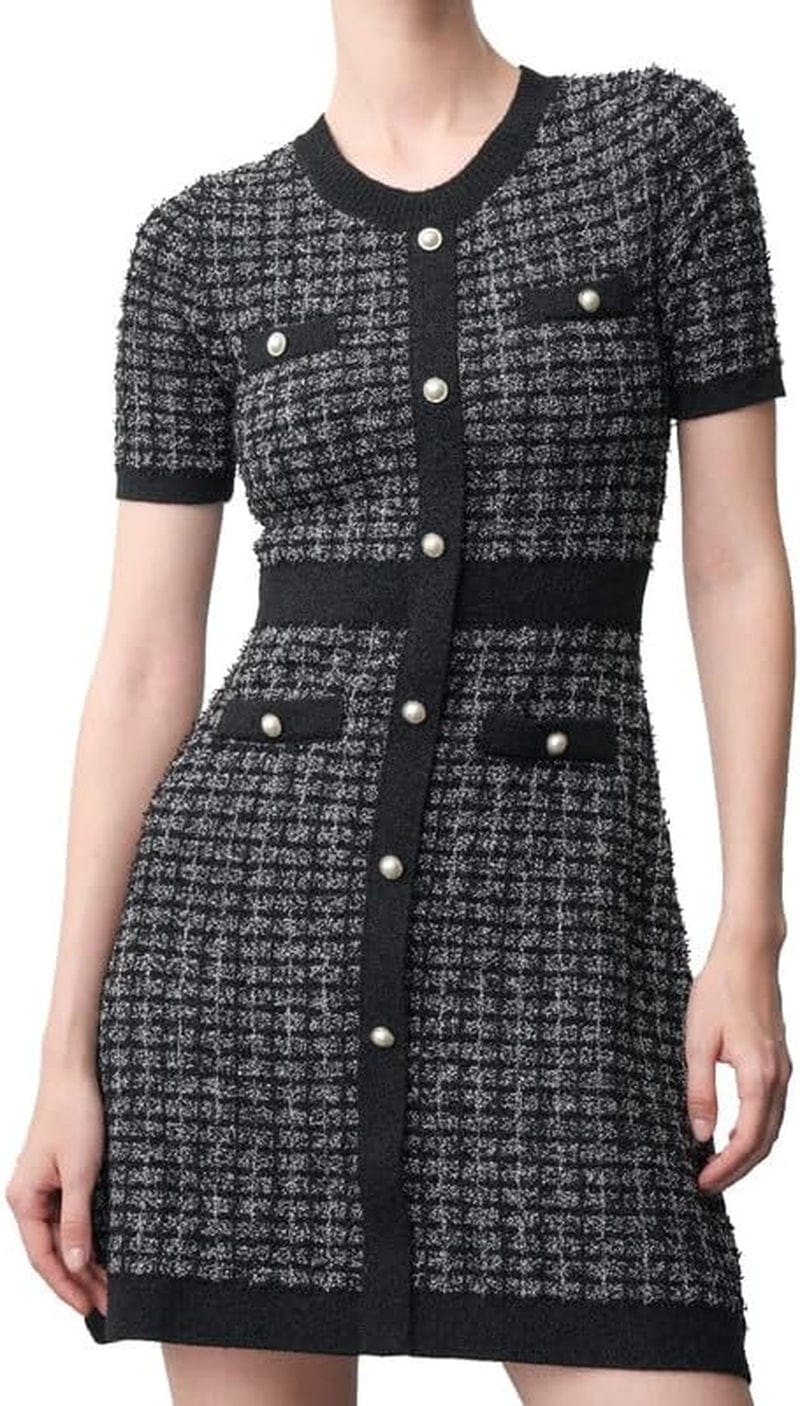 URBAN REVIVO Women'S Short Sleeve Tweed Knitted Sweater Dress Pearl Button Mini Dresses for Spring Summer Fall Black-Style-1 / Large