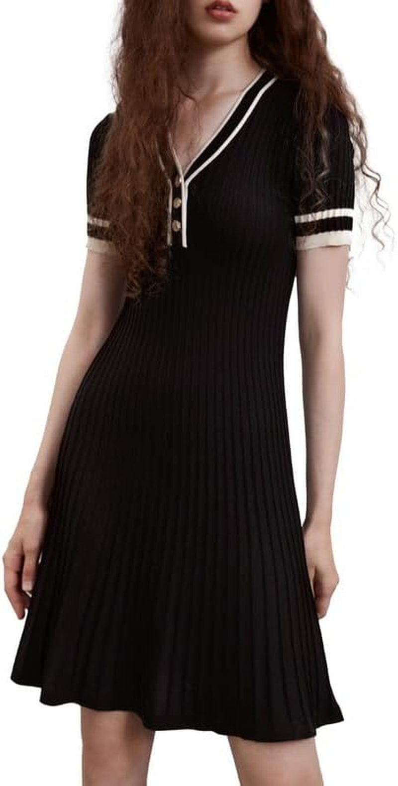 URBAN REVIVO Women'S Short Sleeve Tweed Knitted Sweater Dress Pearl Button Mini Dresses for Spring Summer Fall Black-Style-3 / Large