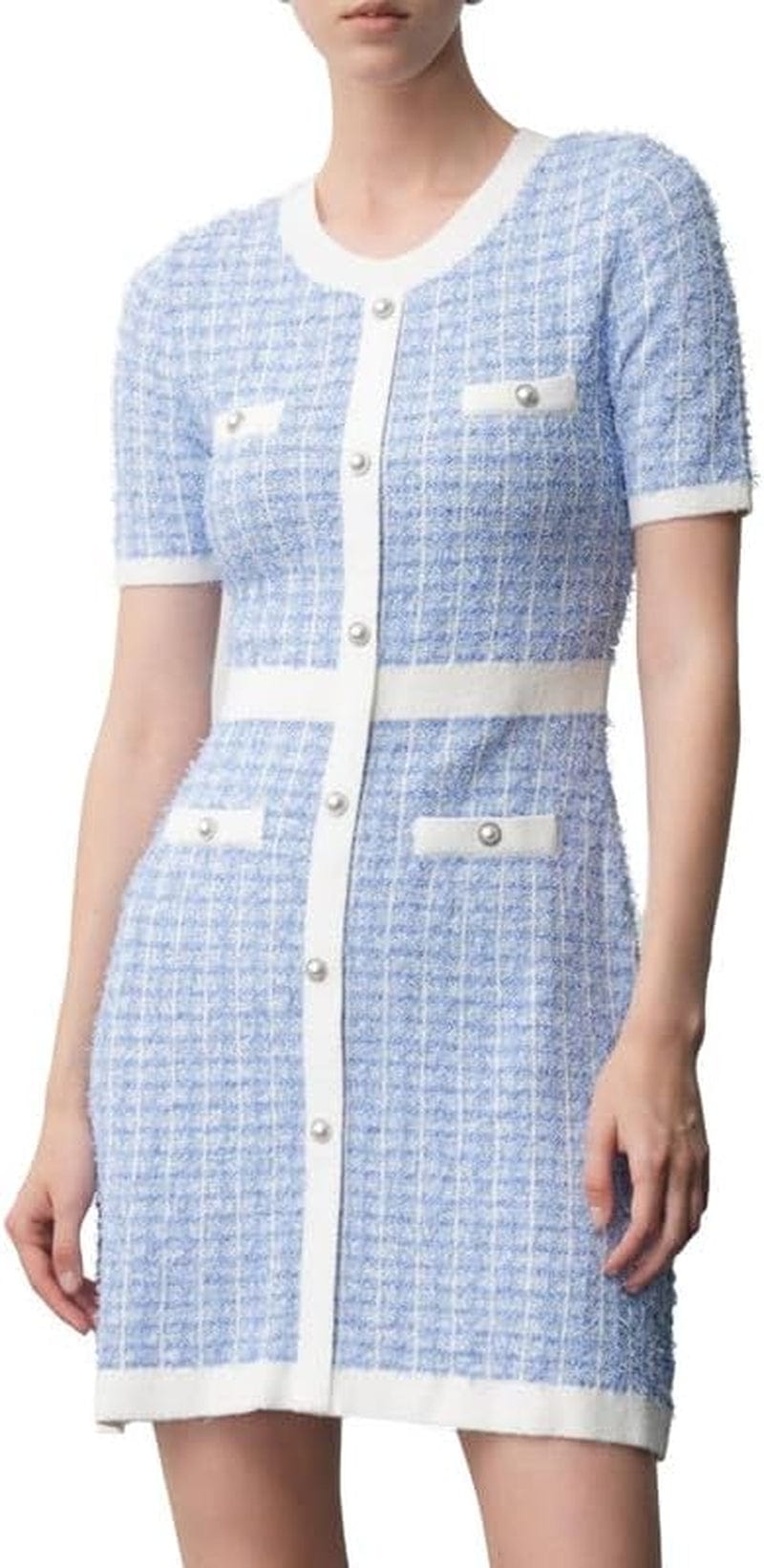 URBAN REVIVO Women'S Short Sleeve Tweed Knitted Sweater Dress Pearl Button Mini Dresses for Spring Summer Fall Purple / Large