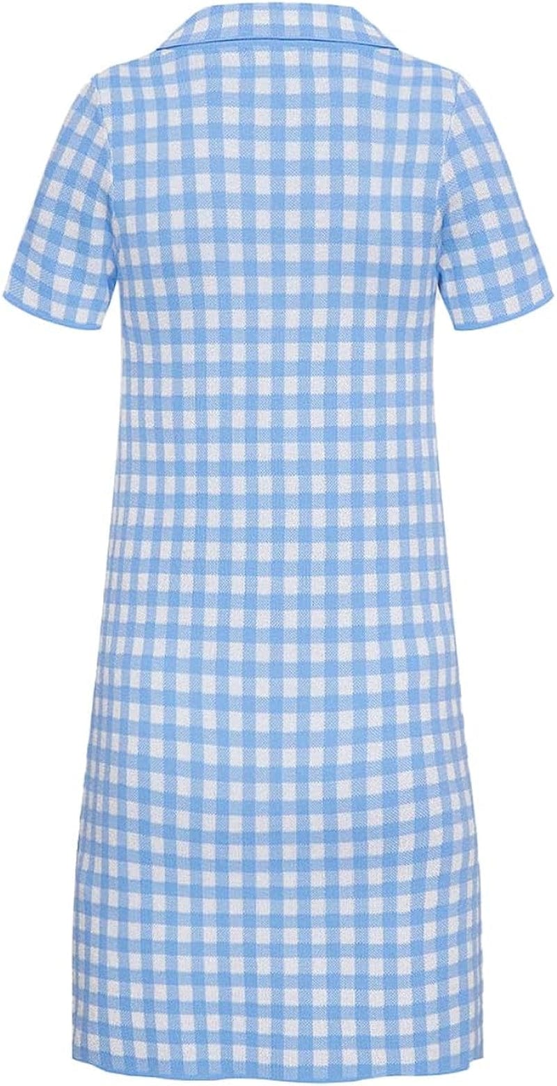 URBAN REVIVO Women'S Short Sleeve Tweed Knitted Sweater Dress Pearl Button Mini Dresses for Spring Summer Fall