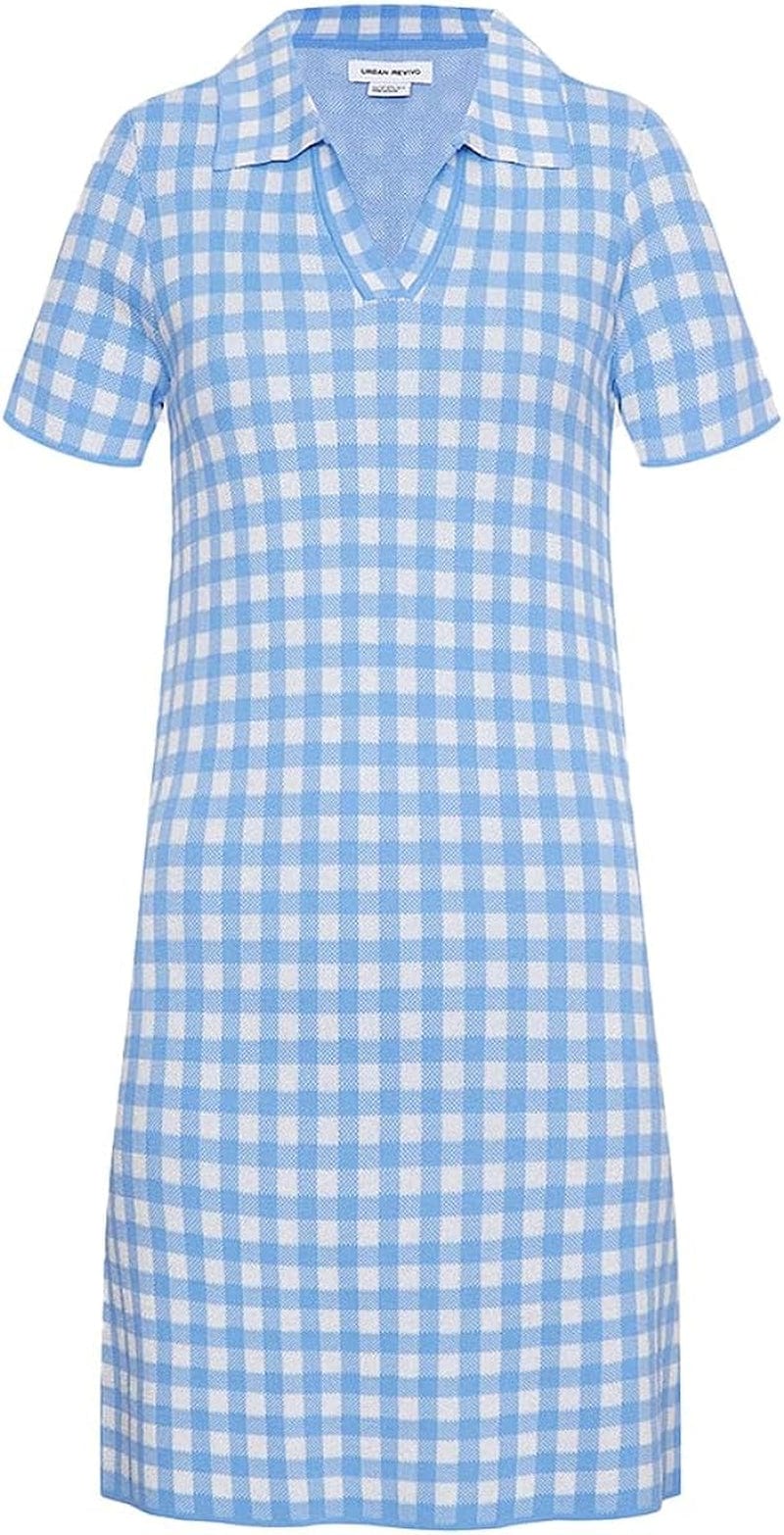 URBAN REVIVO Women'S Short Sleeve Tweed Knitted Sweater Dress Pearl Button Mini Dresses for Spring Summer Fall