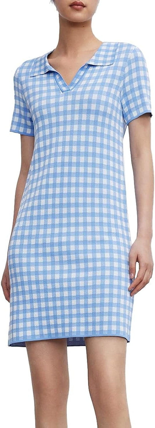 URBAN REVIVO Women'S Short Sleeve Tweed Knitted Sweater Dress Pearl Button Mini Dresses for Spring Summer Fall