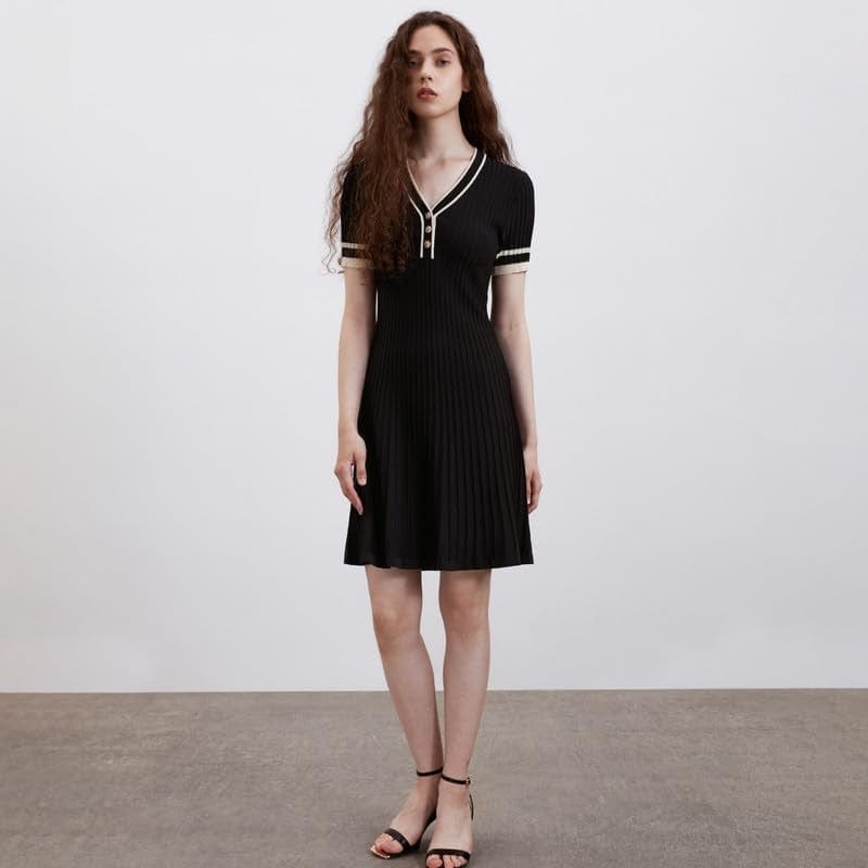 URBAN REVIVO Women'S Short Sleeve Tweed Knitted Sweater Dress Pearl Button Mini Dresses for Spring Summer Fall