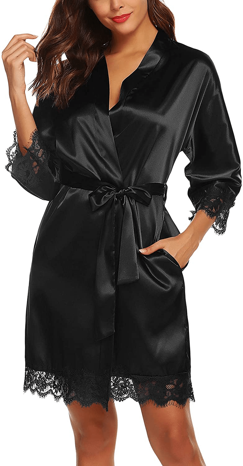 URRU Women'S Satin Silk Bathrobe Oblique V-Neck Short Kimono Robe Bridesmaids Robe S-XXXL Apparel & Accessories > Clothing > Sleepwear & Loungewear > Robes KYLIE MAX Black X-Large