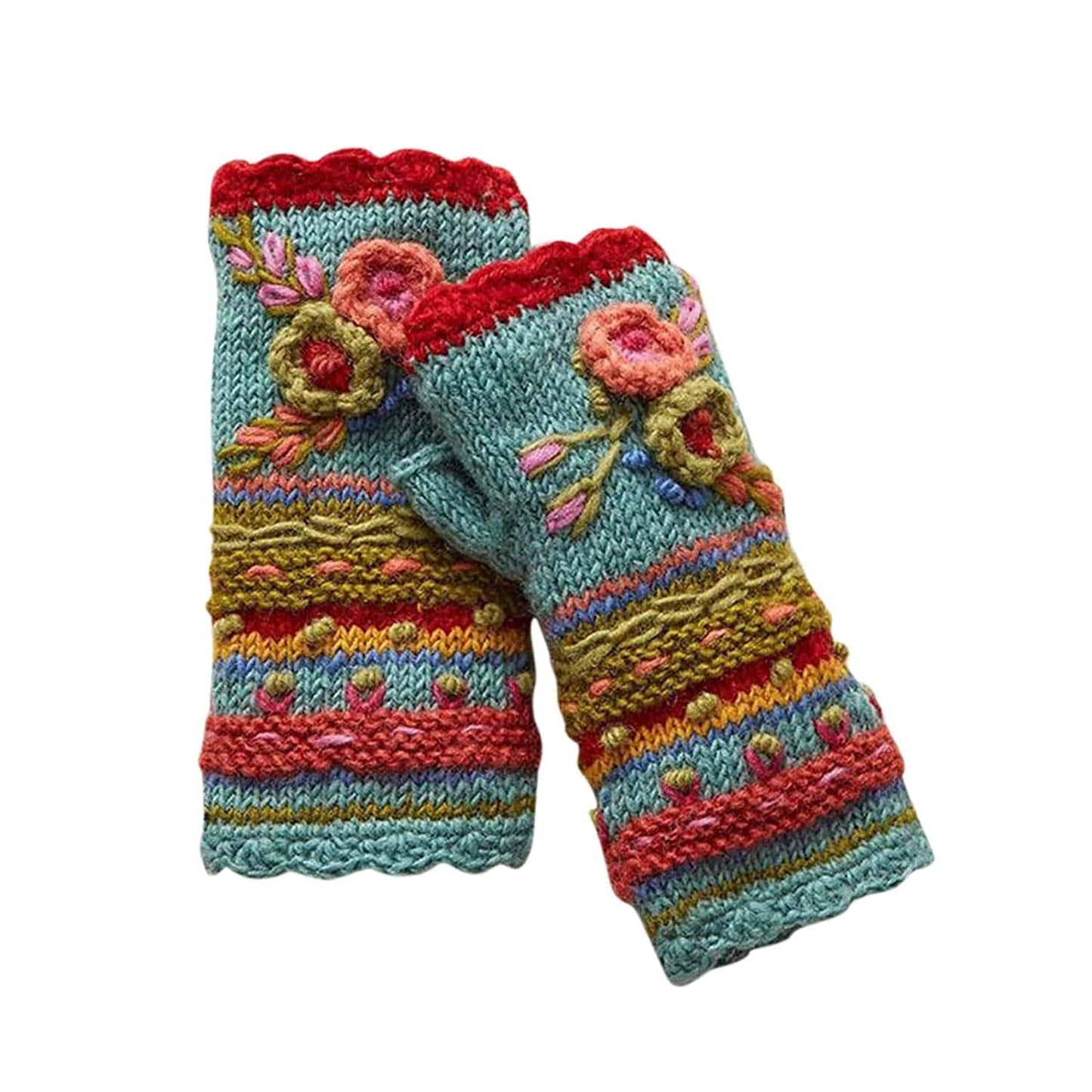 【USA in Stock】Hand Knit Fingerless Embroidered Flower Winter Wool Texting Gloves Mittens Warm Fleece Lined Apparel & Accessories > Clothing Accessories > Gloves & Mittens Atezch_