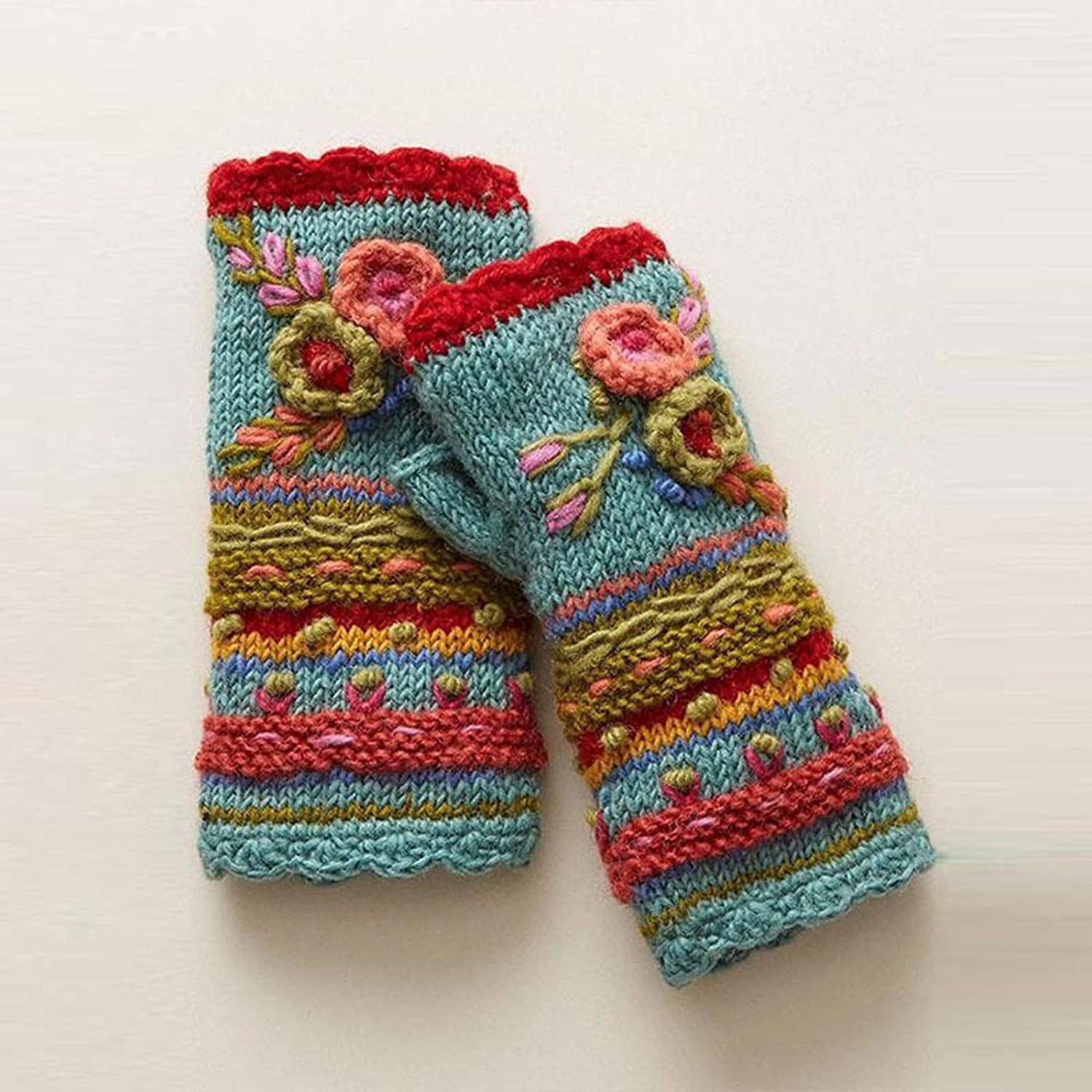 【USA in Stock】Hand Knit Fingerless Embroidered Flower Winter Wool Texting Gloves Mittens Warm Fleece Lined Apparel & Accessories > Clothing Accessories > Gloves & Mittens Atezch_