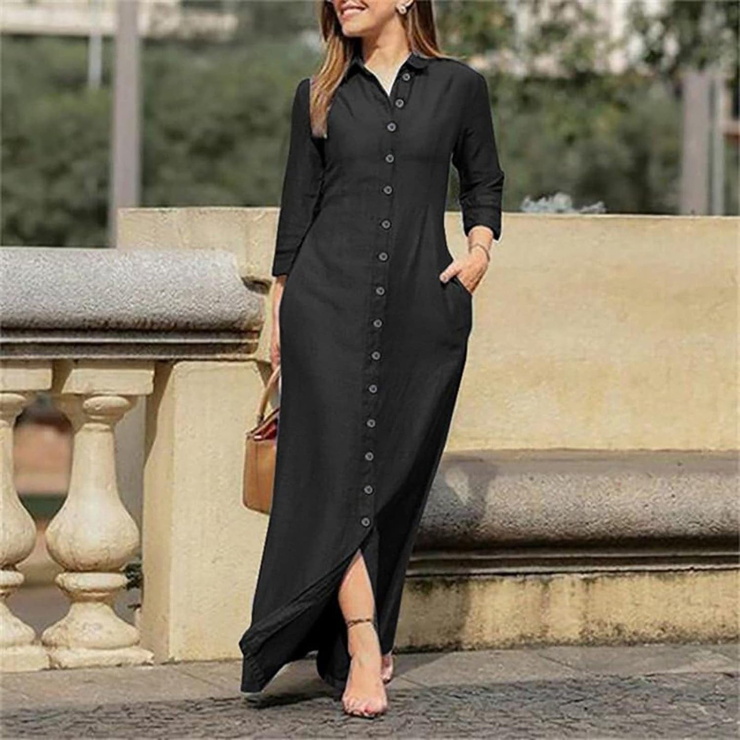 Utcoco Womens Casual Button down Denim Maxi Dress Lapel Long Sleeve Long Jean Dresses with Pockets