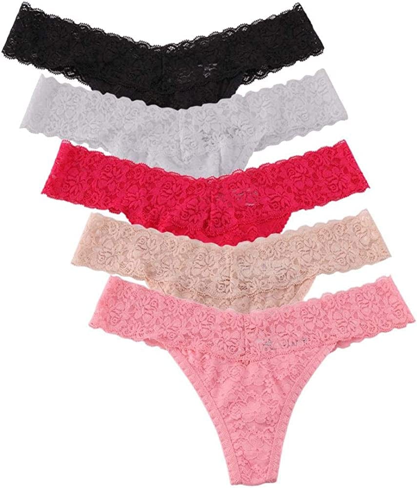 UWOCEKA 5 Pack Women'S Sexy Stretchy Lace Thong V Cheeky Underwear See through Panties 5pcs-a / Medium