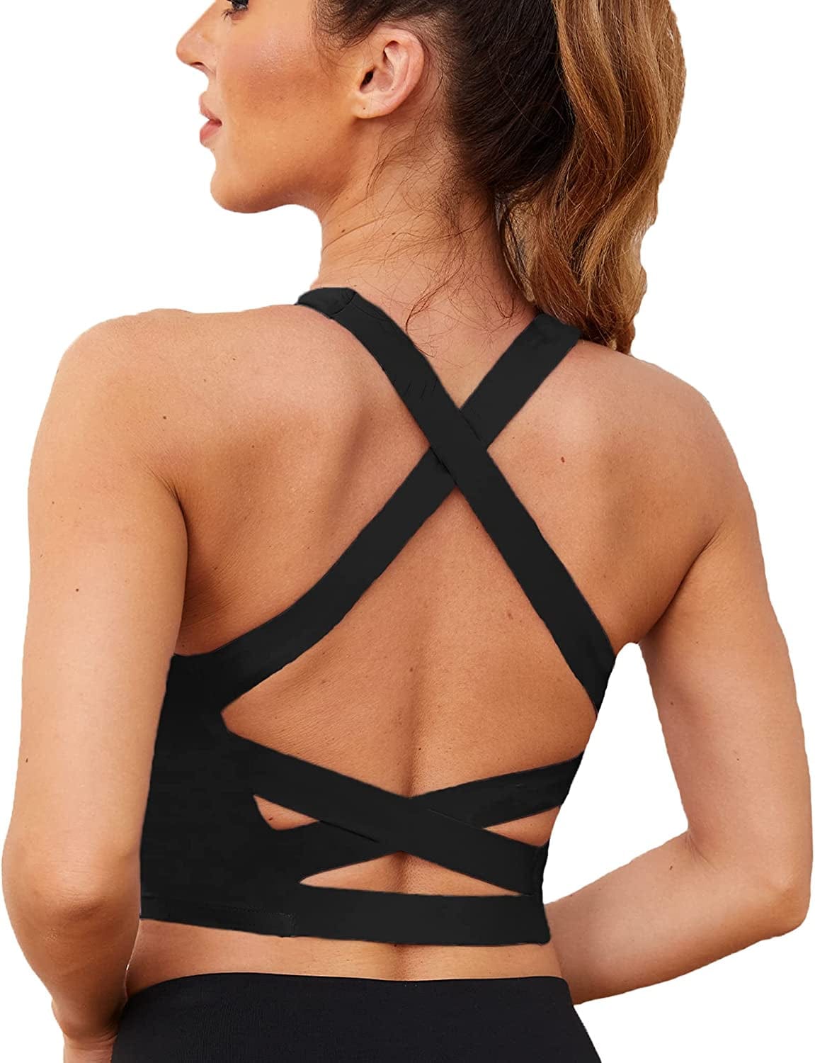 V Neck Sports Bras for Women Longline Wirefree Padded Camisole Yoga Bra Medium Support Workout Crop Top Tank Tops for Girls Wl-black / X-Large