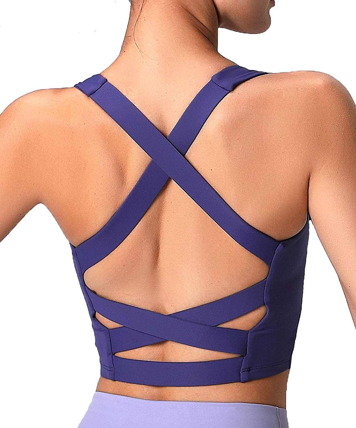 V Neck Sports Bras for Women Longline Wirefree Padded Camisole Yoga Bra Medium Support Workout Crop Top Tank Tops for Girls Wl-royal Purple / X-Large