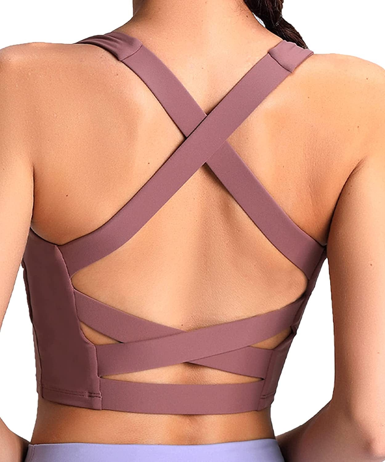 V Neck Sports Bras for Women Longline Wirefree Padded Camisole Yoga Bra Medium Support Workout Crop Top Tank Tops for Girls Wl-rose Brown / X-Large