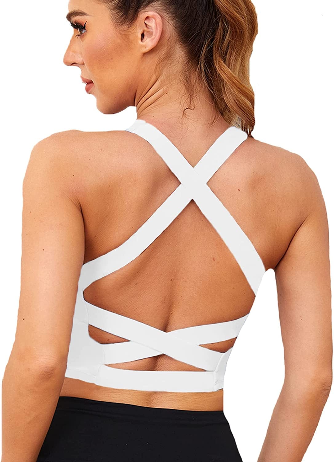 V Neck Sports Bras for Women Longline Wirefree Padded Camisole Yoga Bra Medium Support Workout Crop Top Tank Tops for Girls Wl-white / X-Large