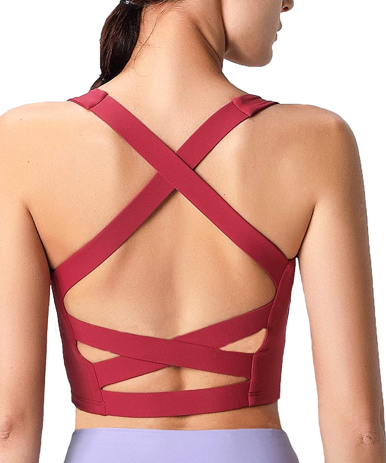 V Neck Sports Bras for Women Longline Wirefree Padded Camisole Yoga Bra Medium Support Workout Crop Top Tank Tops for Girls Wl-berry Red / X-Large