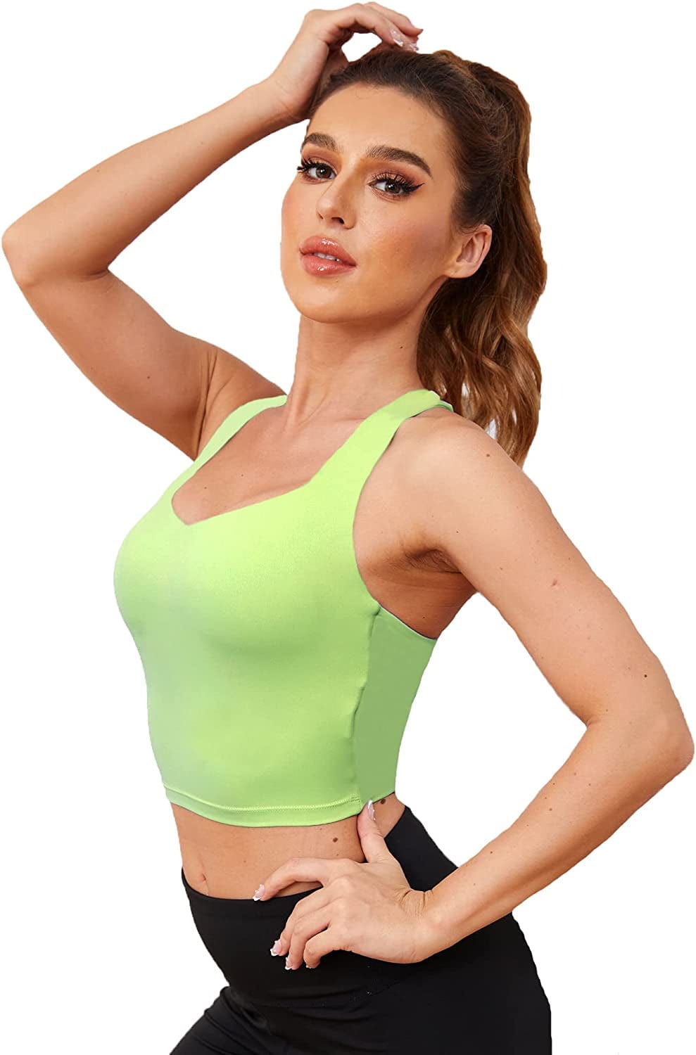V Neck Sports Bras for Women Longline Wirefree Padded Camisole Yoga Bra Medium Support Workout Crop Top Tank Tops for Girls