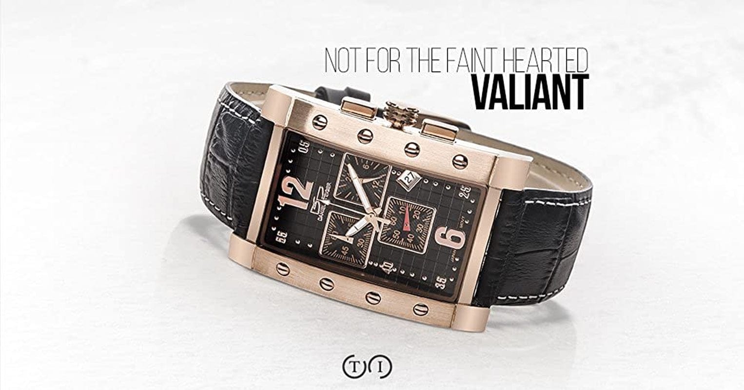 Valiant Rose Gold Men'S Watch - Rose Gold Plated Stainless Steel Rectangular Case- Precision Chronograph Quartz Movement - Black Leather Band with White Stitching