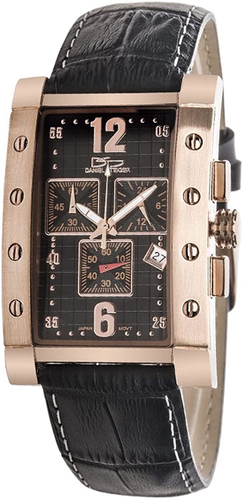 Valiant Rose Gold Men'S Watch - Rose Gold Plated Stainless Steel Rectangular Case- Precision Chronograph Quartz Movement - Black Leather Band with White Stitching