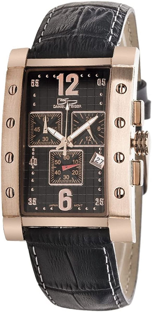 Valiant Rose Gold Men'S Watch - Rose Gold Plated Stainless Steel Rectangular Case- Precision Chronograph Quartz Movement - Black Leather Band with White Stitching